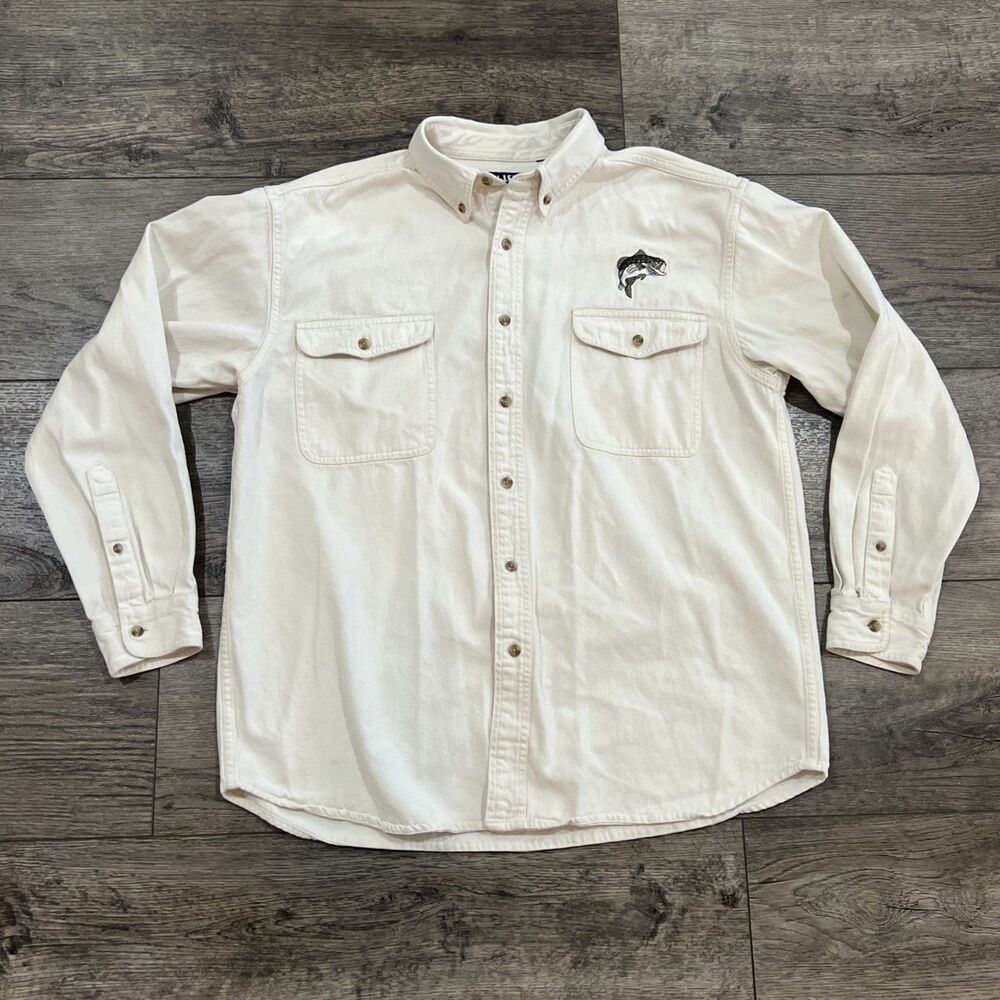 Vintage Reel Legends Long Sleeve Button Up Fishing Shirt Cream - Men’s Large